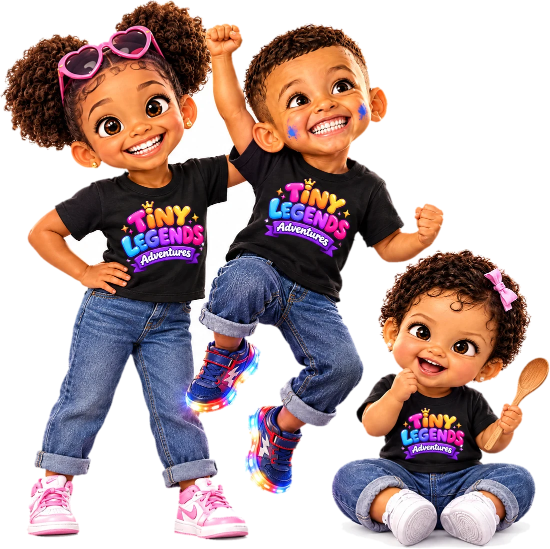 CamBam, Jaziel and Evaluna in matching Tiny Legends tees